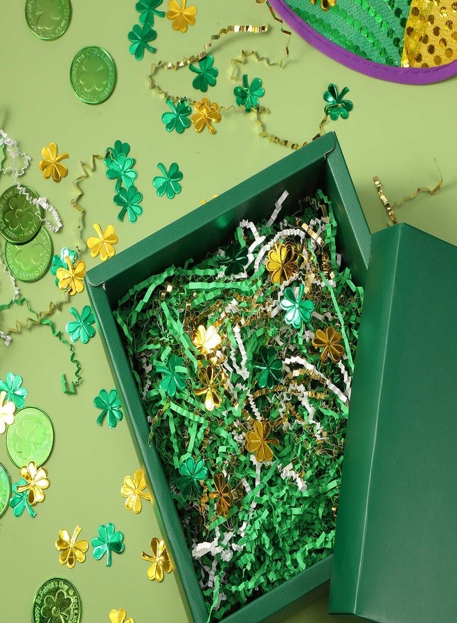 Moinchore 1 lb St Patrick's Day Crinkle Cut Paper Shred Filler with Clover Confetti Metallic White Green Gold Mix Basket Filler shredded paper for gift baskets Raffia Tissue Cushion for Box Packaging - Image 4